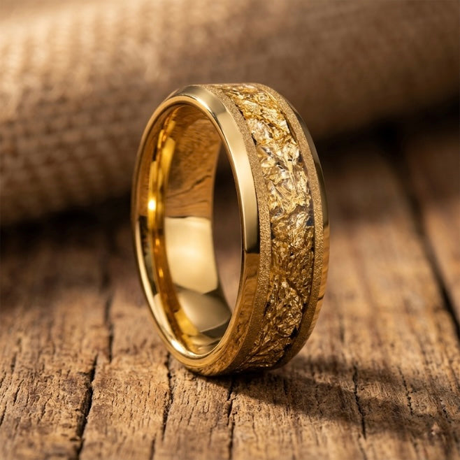 Gold Wedding Band Ring 6mm 8mm – Foil Inlay Textured Hammered Gold Ring Mens Womens Anniversary Ring