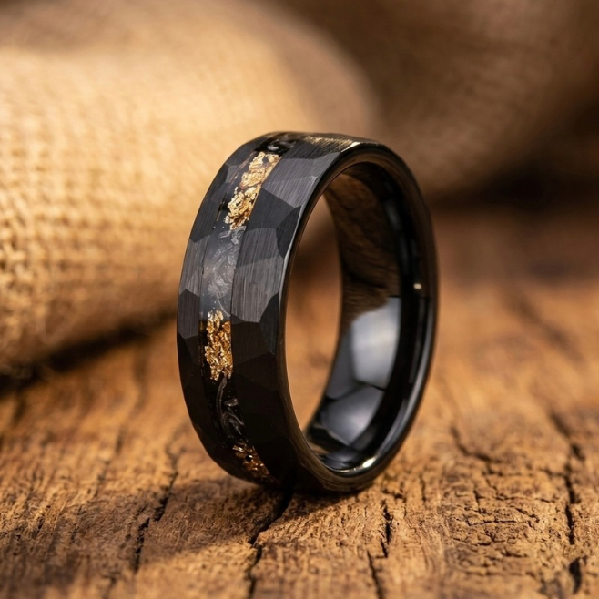 Black Tungsten Meteorite Ring with Gold Leaf Inlay – Faceted Men’s Wedding Band – Unique Space Inspired Jewelry