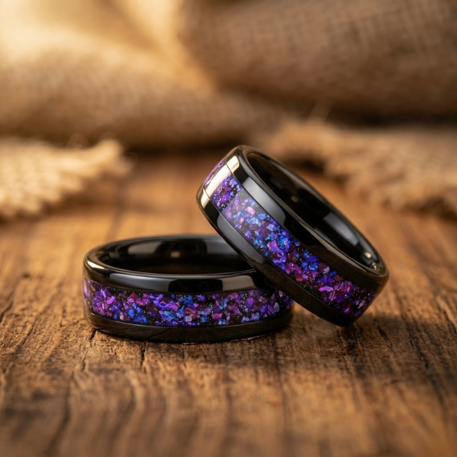 Black Tungsten Ring with Purple Opal Inlay – Mens & Womens Wedding Band – Galaxy Opal Crushed Stone Band – Comfort Fit Promise Ring