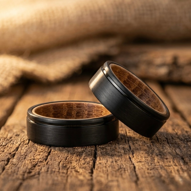 Black Tungsten Ring with Natural Wood Inlay – Men’s Wedding Band