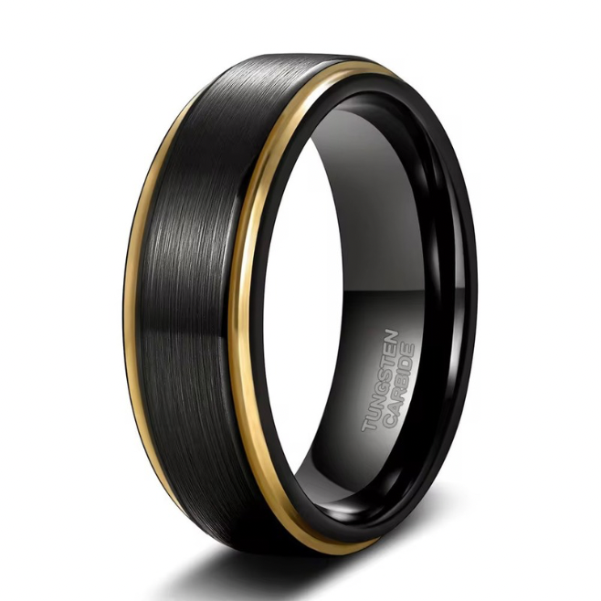 Black Tungsten Carbide Ring with Gold Inlay - Brushed Finish - 6mm 8mm - Wedding Band