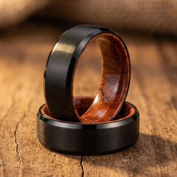 Black Tungsten Ring with Rosewood Inner Sleeve - Whiskey Barrel Wedding Band for Men