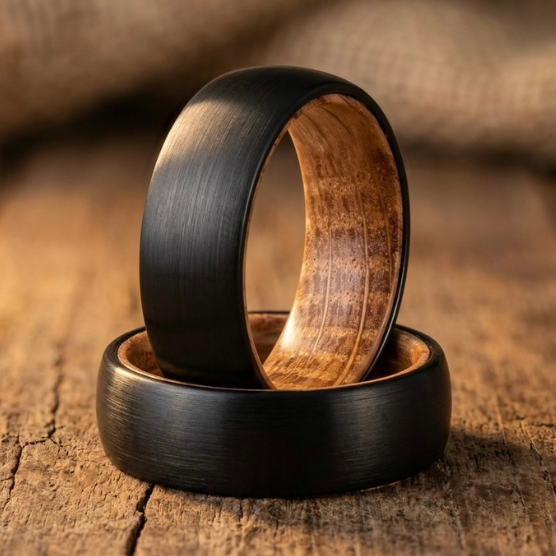 Whiskey Barrel Ring with Wood Liner - Brushed Black Comfort Fit Band