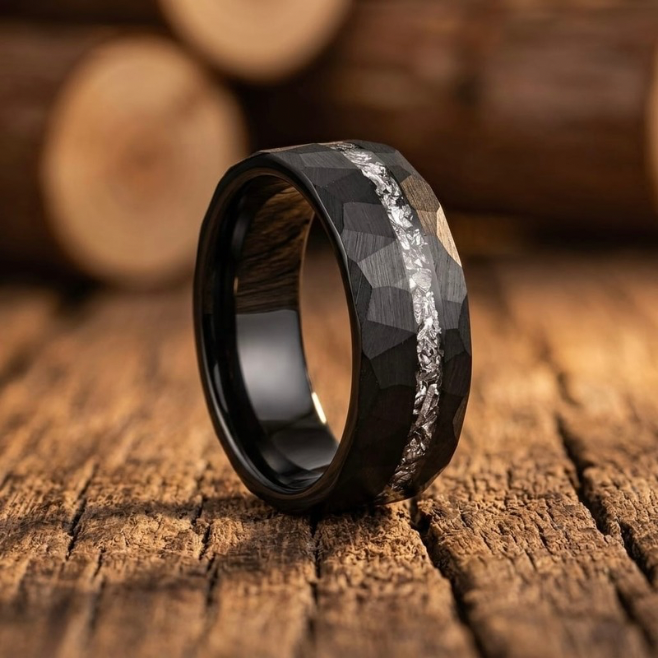 Mens Hammered Black Tungsten Ring with Meteorite Inlay - 8mm Wedding Band
