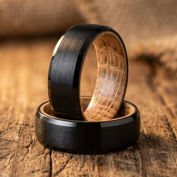 Black Whiskey Barrel Ring with Authentic Oak Wood Inlay – Men’s Wedding Band