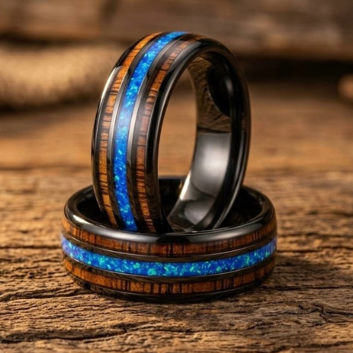 Blue Opal & Whiskey Barrel Wood Tungsten Wedding Band (8mm)