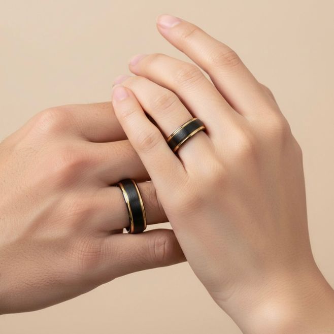 Black Tungsten Carbide Ring with Gold Inlay - Brushed Finish - 6mm 8mm - Wedding Band