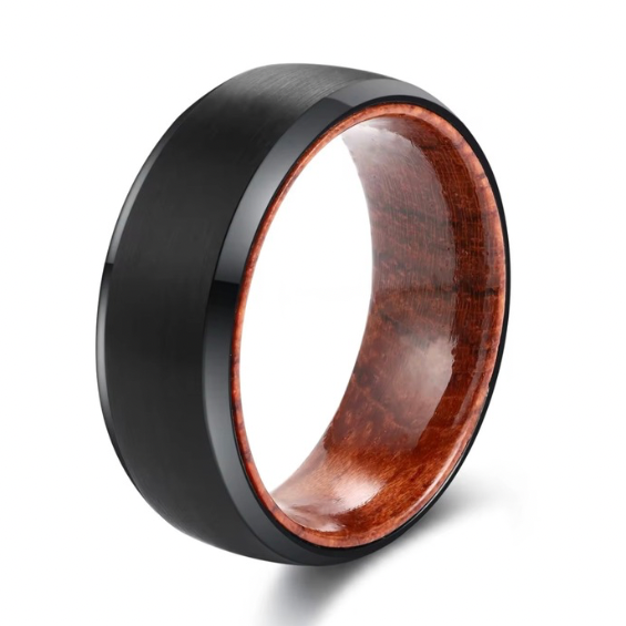 Black Tungsten Ring with Rosewood Inner Sleeve - Whiskey Barrel Wedding Band for Men