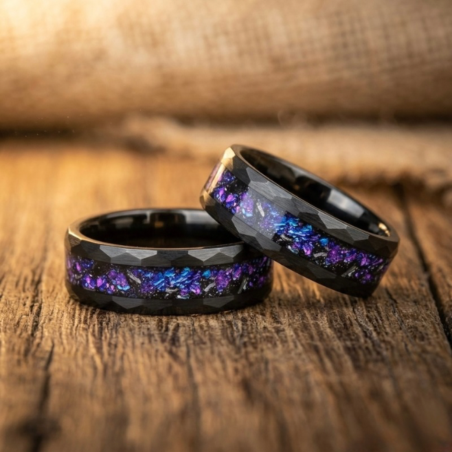 Black Tungsten Meteorite Ring – Blue Nebula Opal Ring – Galaxy Wedding Band