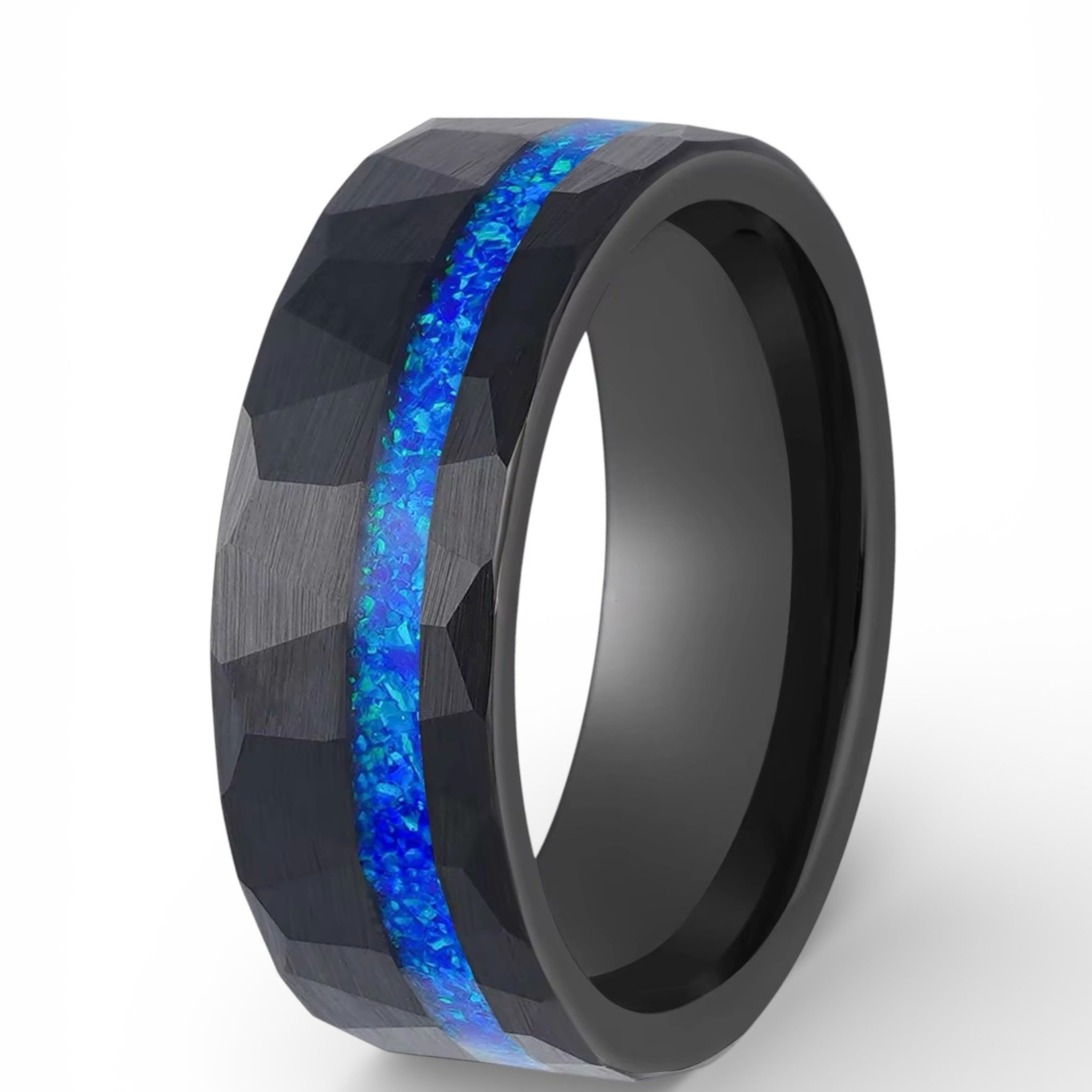 Hammered Black Tungsten Carbide Ring with Blue Opal Inlay – 8mm Men’s Wedding Band