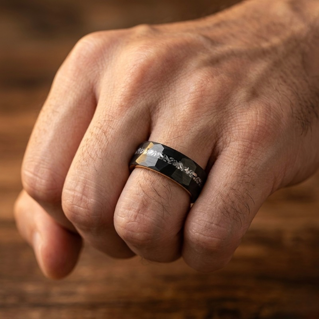 Tungsten Meteorite Ring with Rose Gold Interior – Black Faceted Wedding Band