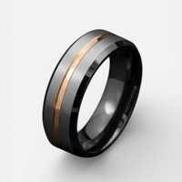 Tungsten Wedding Band – Silver Brushed Black & Gold Stripe Ring – Scratch Resistant Comfort Fit 8mm