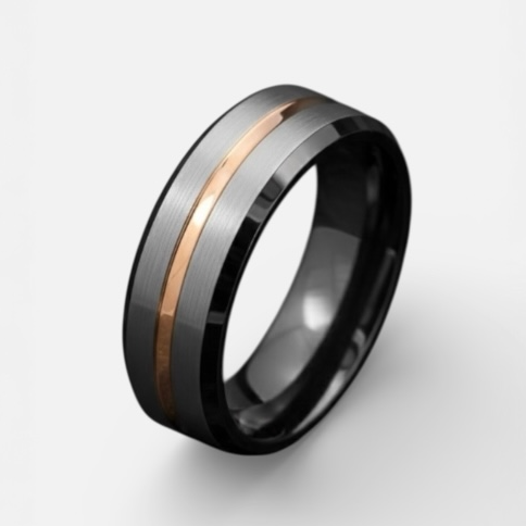 Tungsten Wedding Band – Silver Brushed Black & Gold Stripe Ring – Scratch Resistant Comfort Fit 8mm