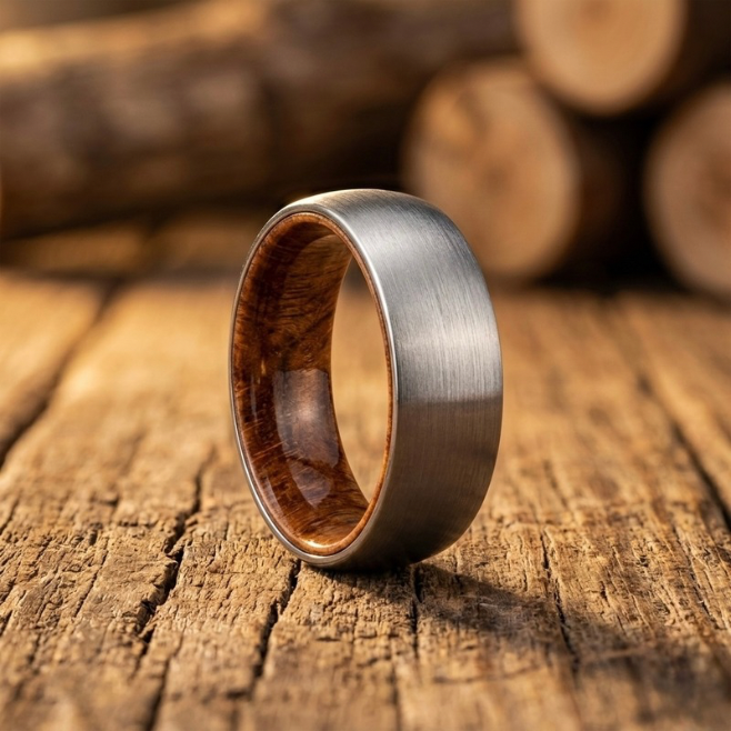 Whiskey Barrel & Brushed Tungsten Ring - Rugged Wedding Band