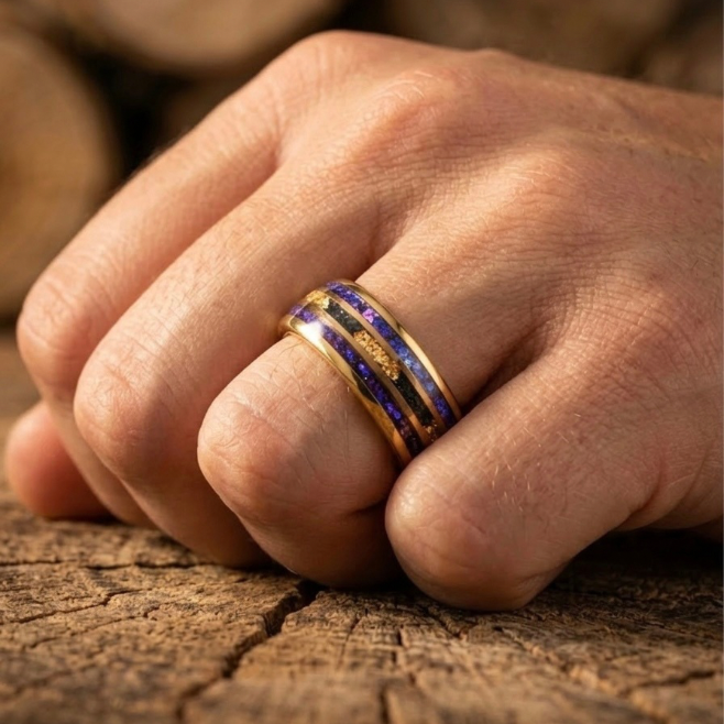 Gold Tungsten Galaxy Ring with Purple Opal & Gold Flake Inlay - 8mm Men’s Wedding Band