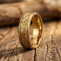 Gold Wedding Band Ring 6mm 8mm – Foil Inlay Textured Hammered Gold Ring Mens Womens Anniversary Ring