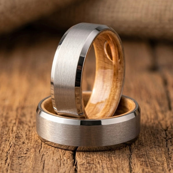 Whiskey Barrel Wood Inlay Ring – Brushed Tungsten Wedding Band
