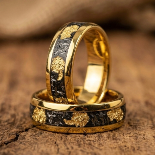 Men’s Gold Leaf & Black Onyx Wedding Band – Textured Yellow Gold Ring – Luxury Comfort Fit Statement Band