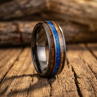 Blue Opal & Whiskey Barrel Wood Tungsten Wedding Band (8mm)