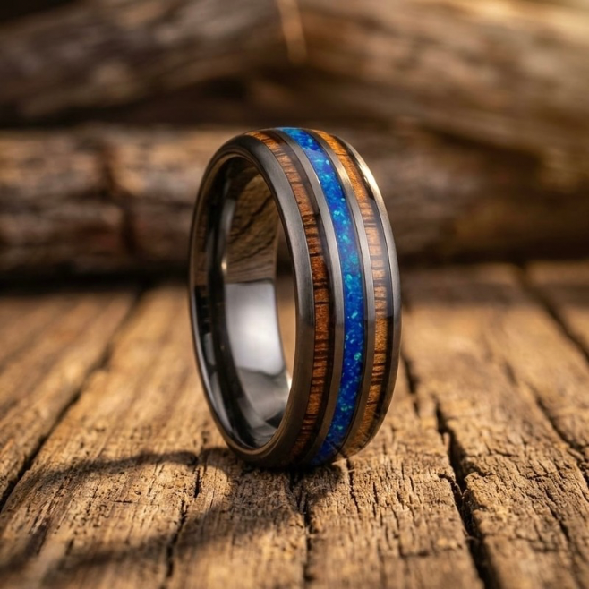 Blue Opal & Whiskey Barrel Wood Tungsten Wedding Band (8mm)