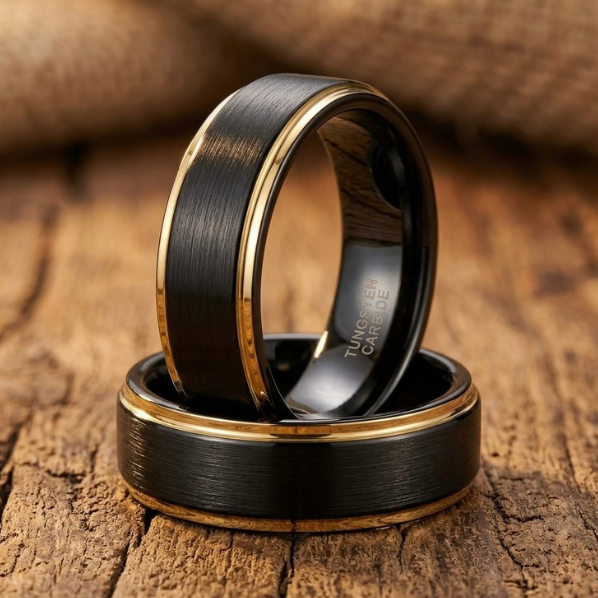 Black Tungsten Carbide Ring with Gold Inlay - Brushed Finish - 6mm 8mm - Wedding Band