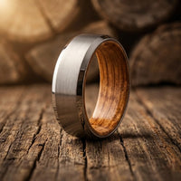 Whiskey Barrel Wood Inlay Ring – Brushed Tungsten Wedding Band