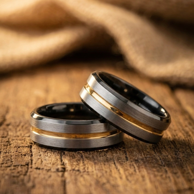 Tungsten Wedding Band – Silver Brushed Black & Gold Stripe Ring – Scratch Resistant Comfort Fit 8mm