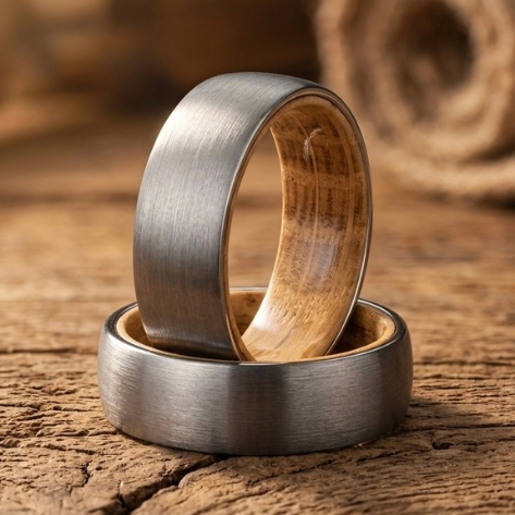 Rustic Oak Wood Whiskey Barrel Ring in Brushed Tungsten - Unique Engagement Band