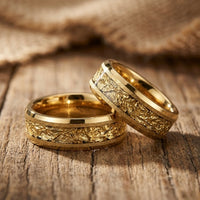 Gold Wedding Band Ring 6mm 8mm – Foil Inlay Textured Hammered Gold Ring Mens Womens Anniversary Ring