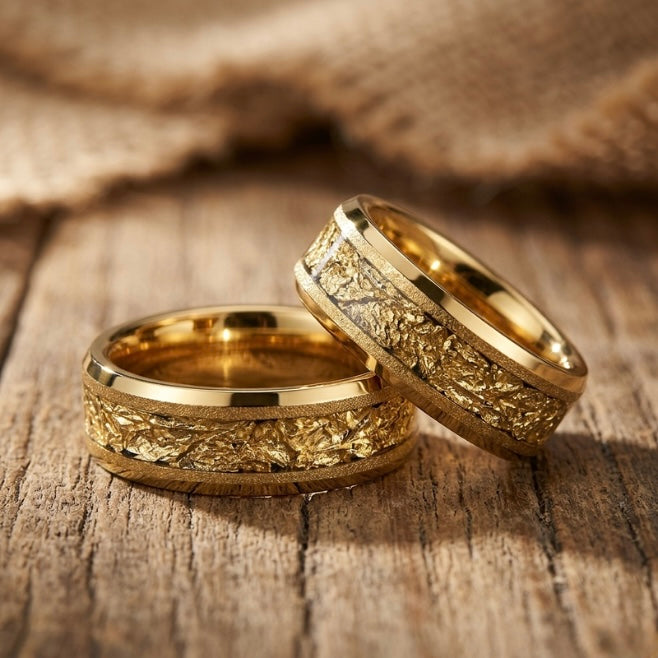 Gold Wedding Band Ring 6mm 8mm – Foil Inlay Textured Hammered Gold Ring Mens Womens Anniversary Ring