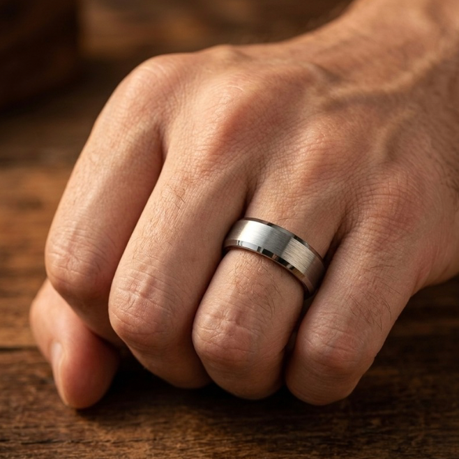 Men's Brushed Tungsten Wedding Band with Whiskey Barrel Wood Inlay 8mm