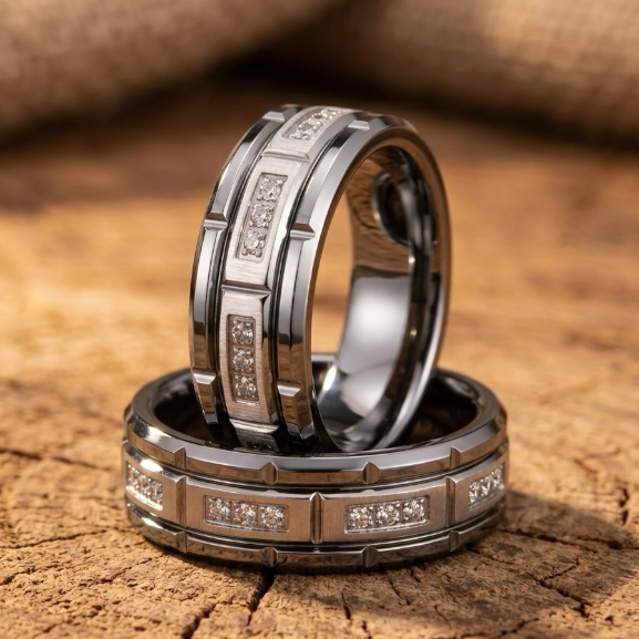 Silver Tungsten Wedding Band with Cubic Zirconia Inlay Brushed & Polished Tungsten Carbide Ring for Men – Scratch Resistant Comfort Fit