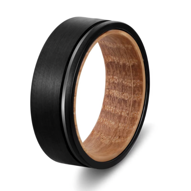 Black Tungsten Ring with Natural Wood Inlay – Men’s Wedding Band