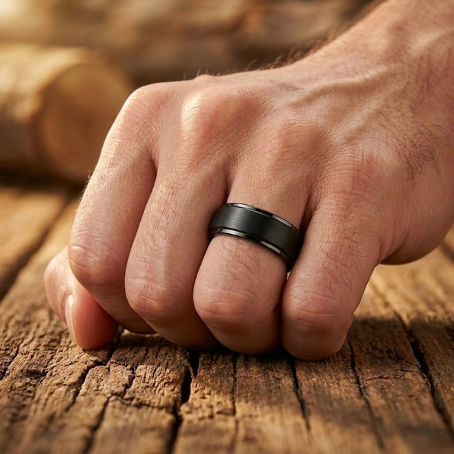 Brushed Black Tungsten Wedding Band - Stepped Edge Comfort Fit 4mm, 6mm, 8mm