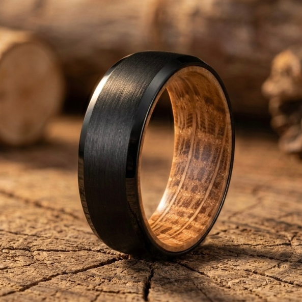 Black Whiskey Barrel Ring with Authentic Oak Wood Inlay – Men’s Wedding Band