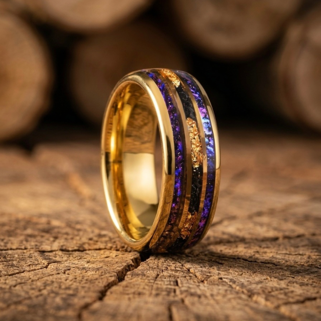 Gold Tungsten Galaxy Ring with Purple Opal & Gold Flake Inlay - 8mm Men’s Wedding Band