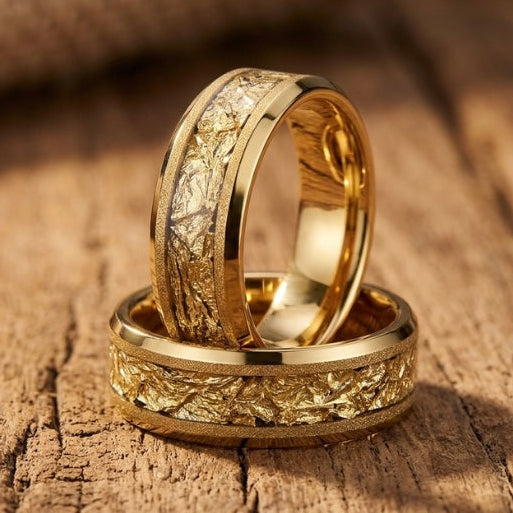 Gold Wedding Band Ring 6mm 8mm – Foil Inlay Textured Hammered Gold Ring Mens Womens Anniversary Ring