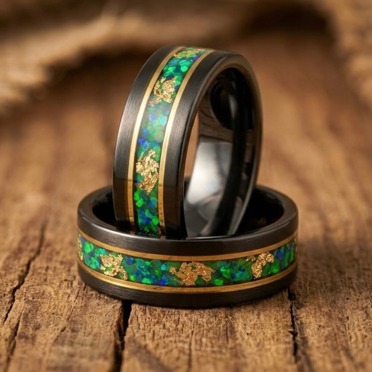 Black Tungsten Wedding Band for Men – Green Opal Inlay with Gold Foil – 8mm Polished Comfort Fit Ring