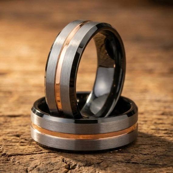 Tungsten Wedding Band – Silver Brushed Black & Gold Stripe Ring – Scratch Resistant Comfort Fit 8mm