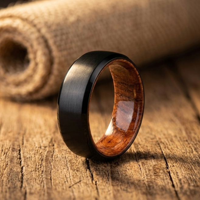 Black Tungsten Ring with Rosewood Inner Sleeve - Whiskey Barrel Wedding Band for Men