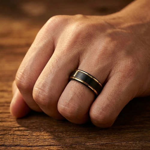 Black Tungsten Carbide Ring with Gold Inlay - Brushed Finish - 6mm 8mm - Wedding Band