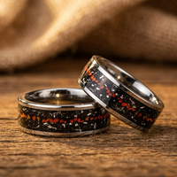 Tungsten Carbide Ring with Meteorite & Red Opal Inlay – Durable Mens Wedding Band, Space Inspired Jewelry