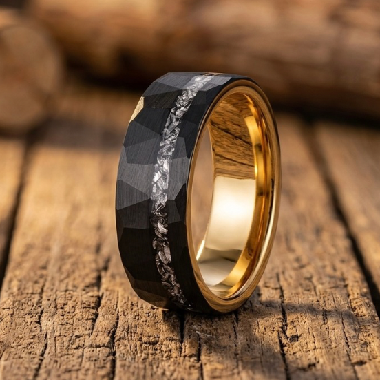 Tungsten Meteorite Ring with Rose Gold Interior – Black Faceted Wedding Band