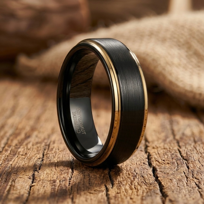 Black Tungsten Carbide Ring with Gold Inlay - Brushed Finish - 6mm 8mm - Wedding Band