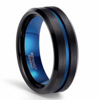 Men's Black Brushed Tungsten Wedding Band with Blue Groove & Interior – Comfort Fit – 6mm, 8mm and 10mm