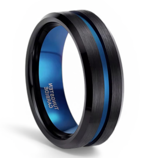 Men's Black Brushed Tungsten Wedding Band with Blue Groove & Interior – Comfort Fit – 6mm, 8mm and 10mm