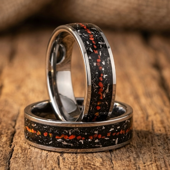 Tungsten Carbide Ring with Meteorite & Red Opal Inlay – Durable Mens Wedding Band, Space Inspired Jewelry
