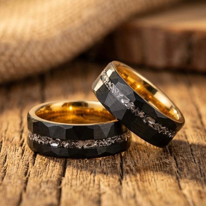 Tungsten Meteorite Ring with Rose Gold Interior – Black Faceted Wedding Band