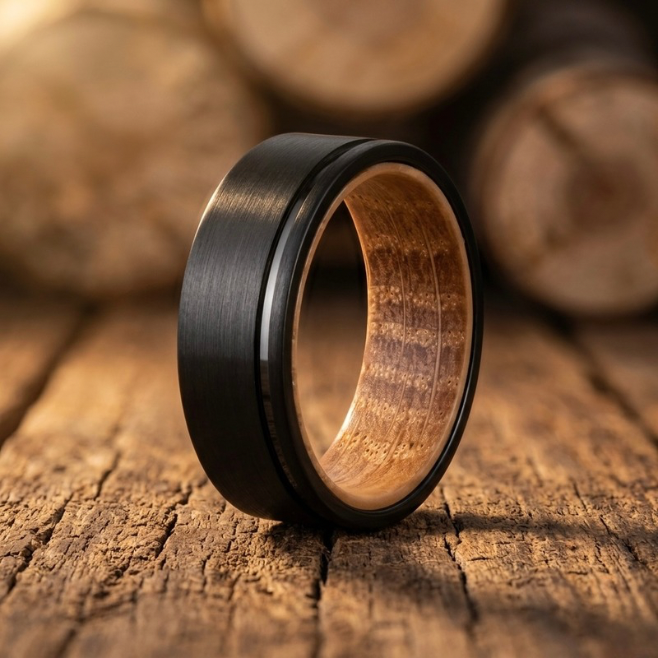 Black Tungsten Ring with Natural Wood Inlay – Men’s Wedding Band