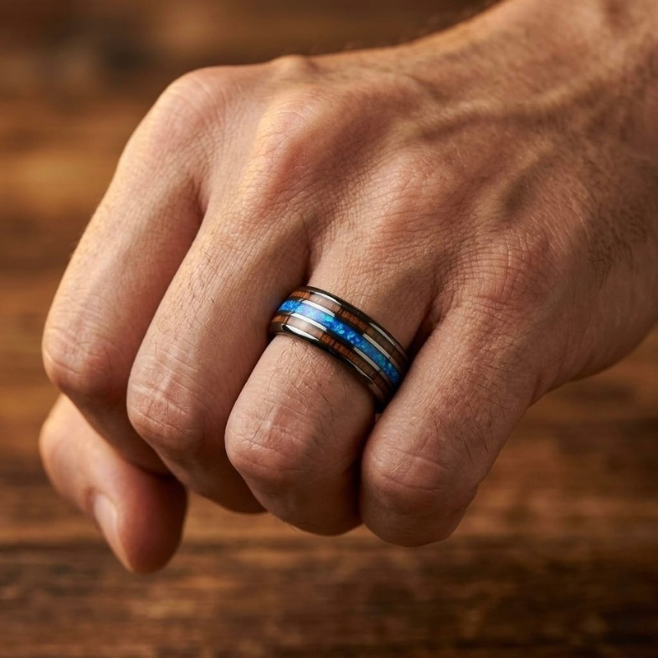 Blue Opal & Whiskey Barrel Wood Tungsten Wedding Band (8mm)